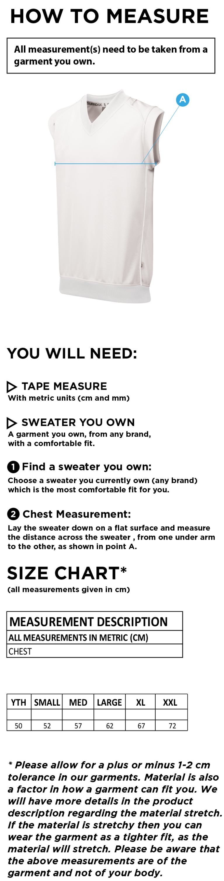 Cramlington CC Sleeveless Sweater - Size Guide