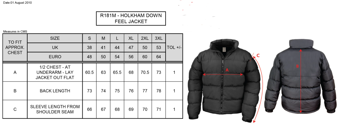 Cramlington CC Puffer Jacket - Size Guide