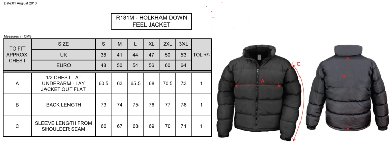 Cramlington CC Puffer Jacket - Size Guide