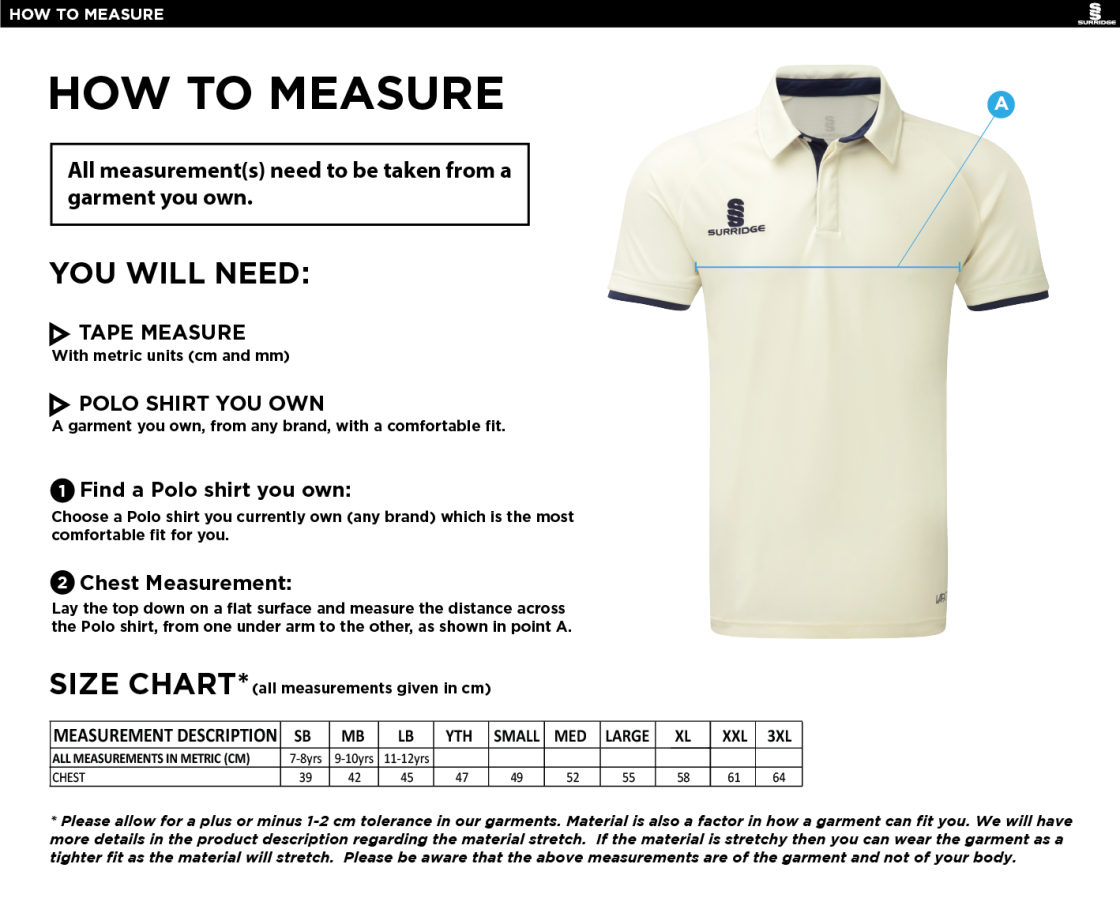 Cramlington CC Short Sleeve Tek Shirt - Size Guide