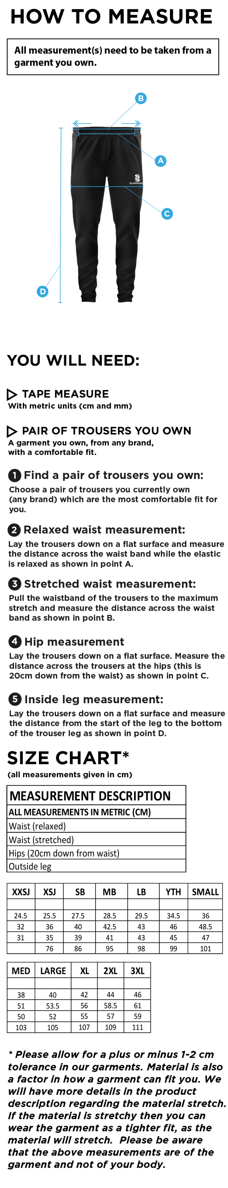 Cramlington CC Tek Slim Pants - Size Guide
