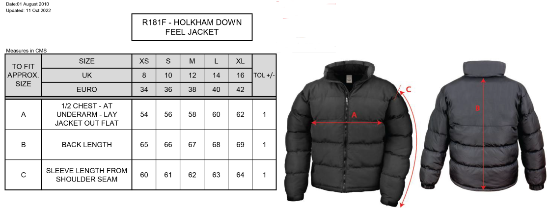 Cramlington CC Women's Puffer Jacket - Size Guide