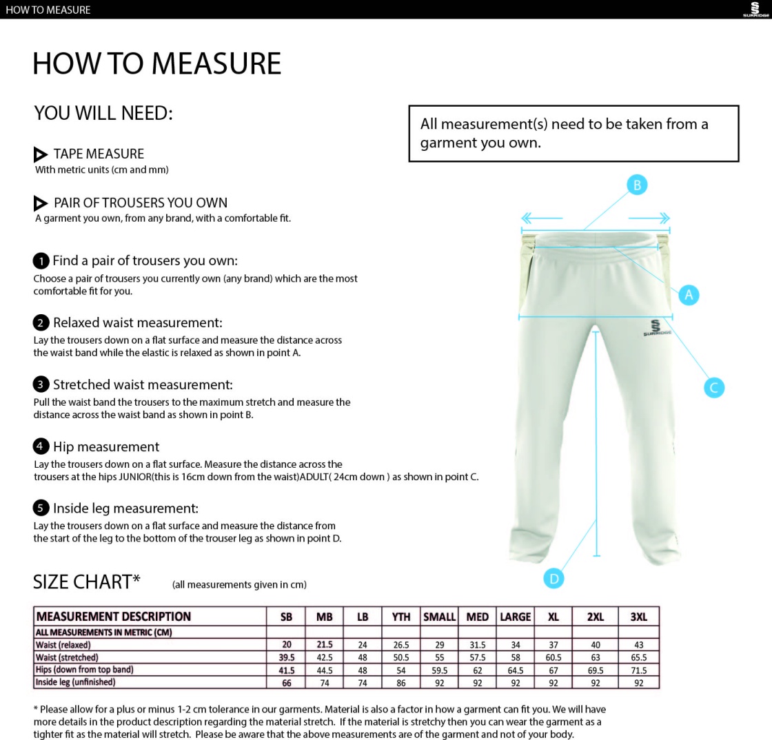 Cramlington CC Pro Playing Trousers - Size Guide