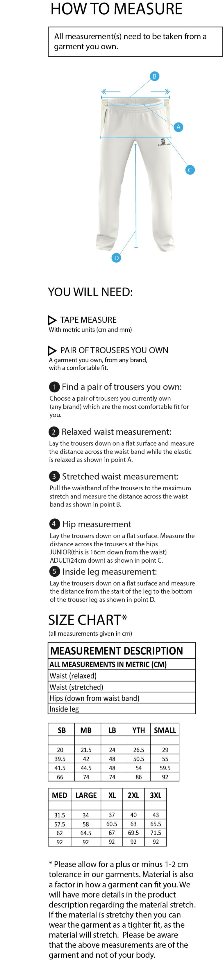 Cramlington CC Pro Playing Trousers - Size Guide
