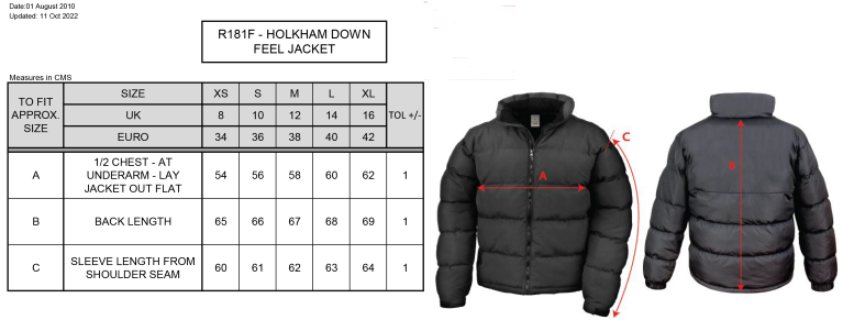 Cramlington CC Women's Puffer Jacket - Size Guide
