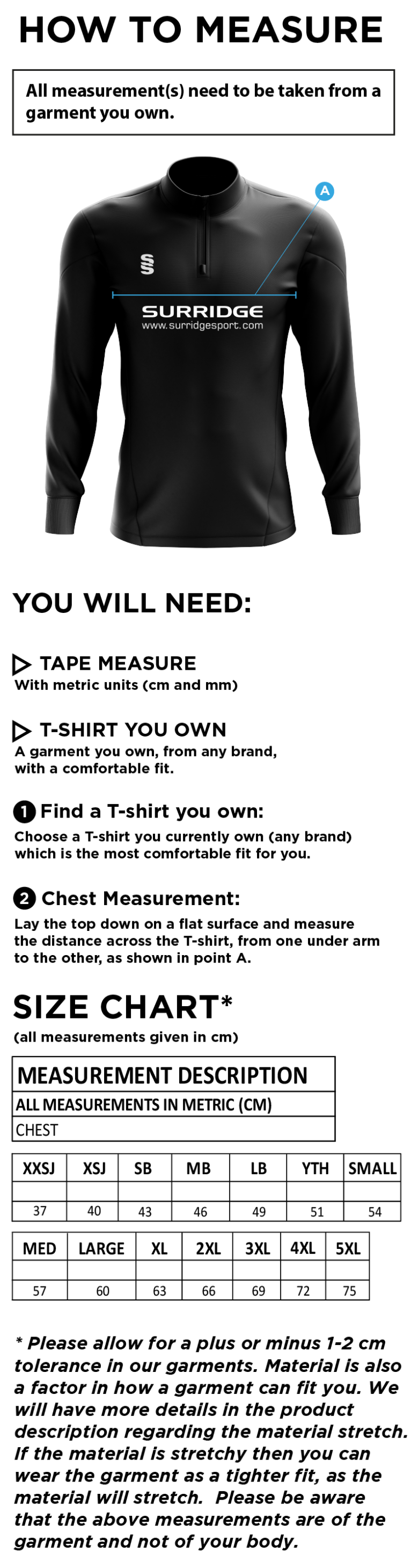 Cramlington CC Blade Performance Top - Size Guide