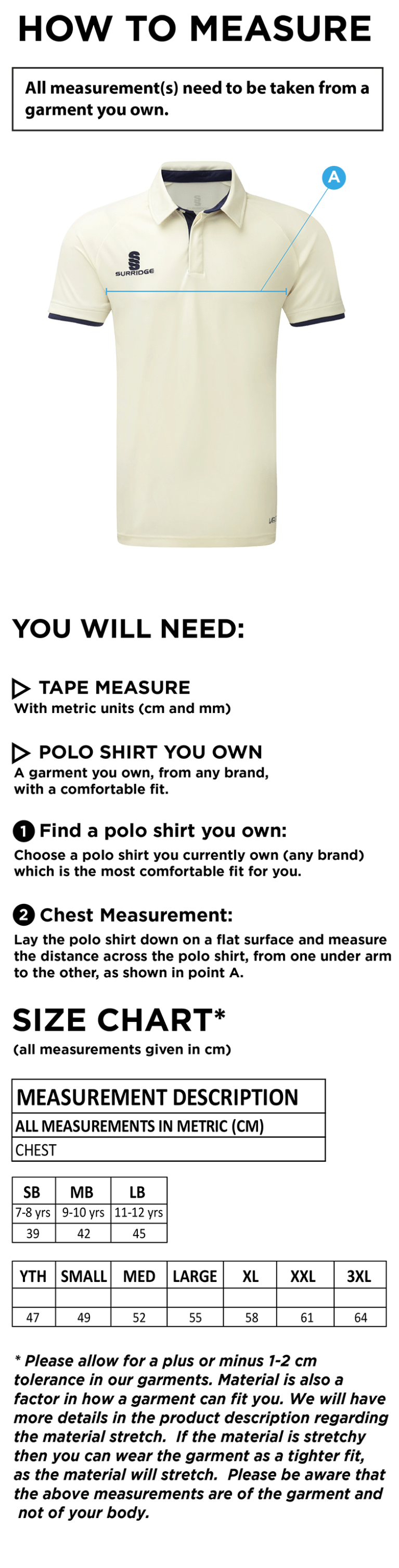 Cramlington CC Short Sleeve Tek Shirt - Size Guide