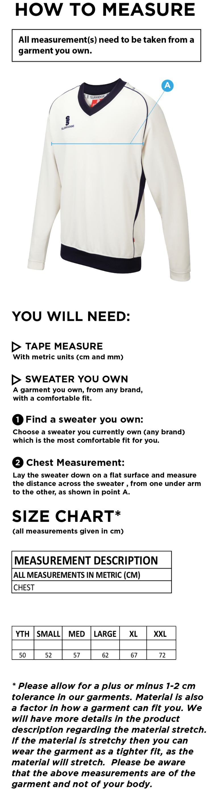 Cramlington CC Long Sleeve Sweater - Size Guide