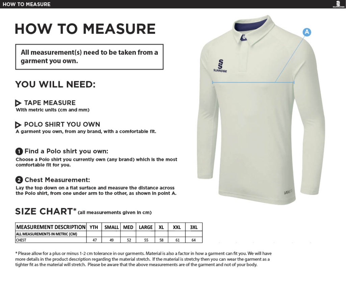Cramlington CC Long Sleeve Tek Shirt - Size Guide