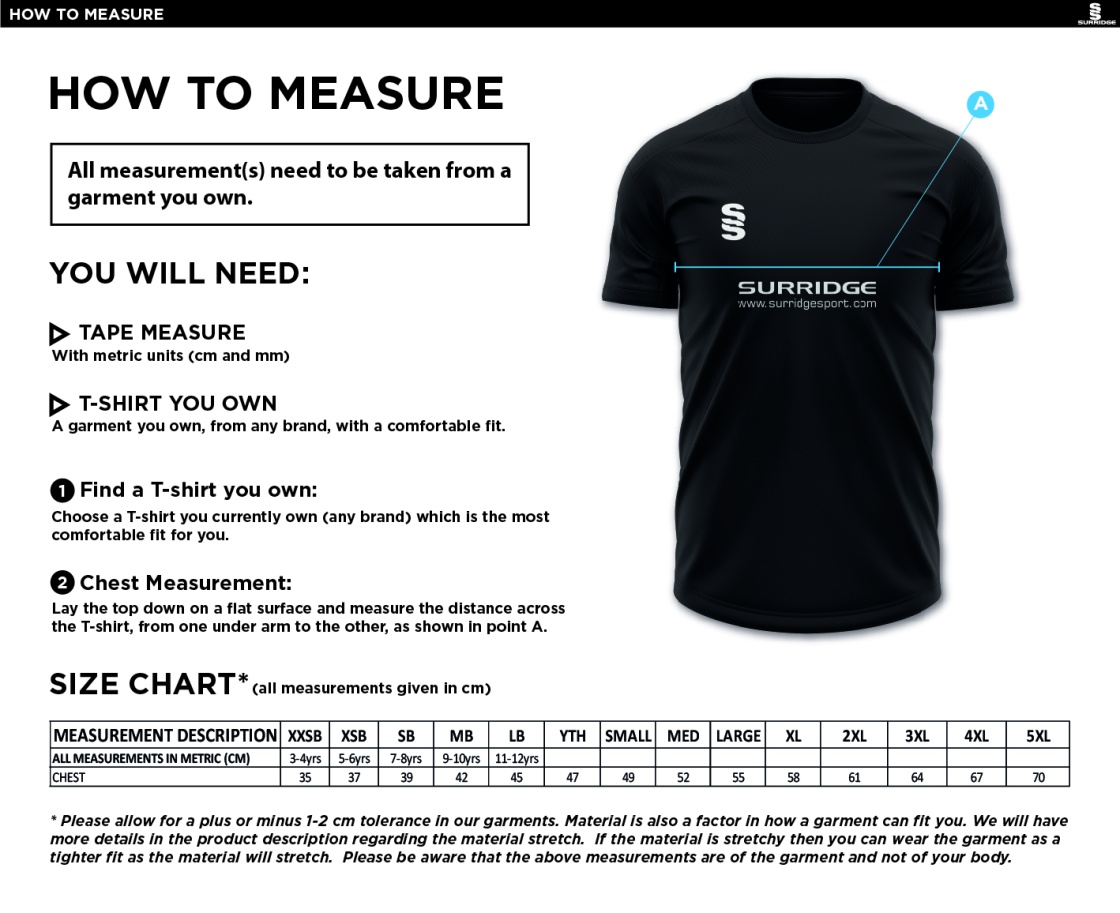 Cramlington CC Blade Training Top - Size Guide
