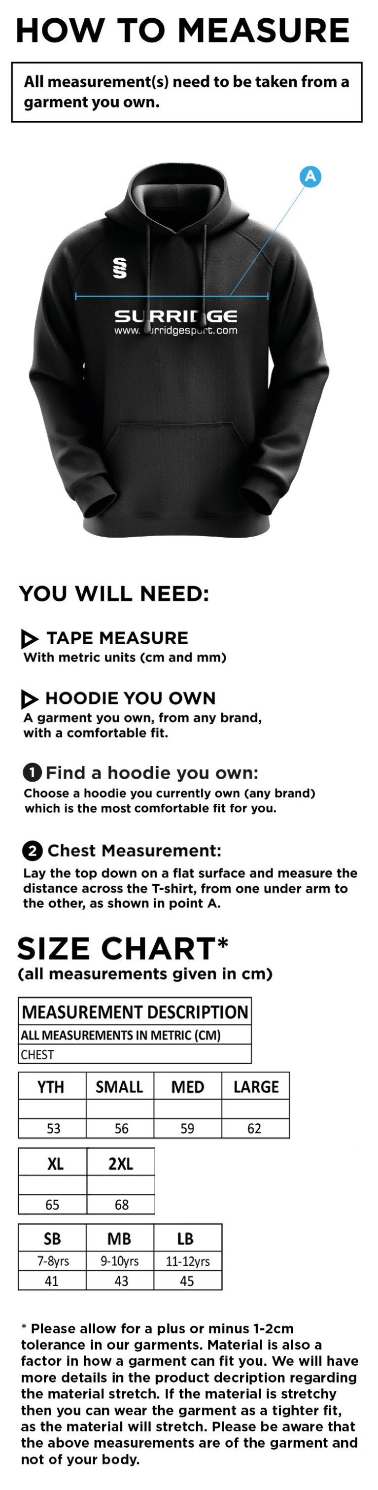 Cramlington CC Blade Hoody - Size Guide