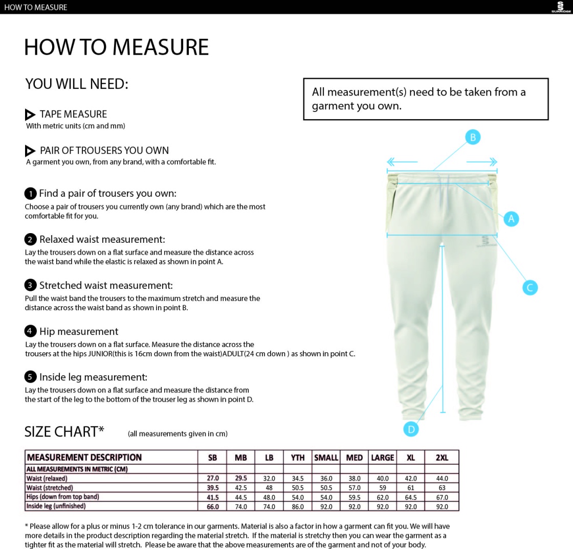 Cramlington CC Tek Playing Trousers - Size Guide