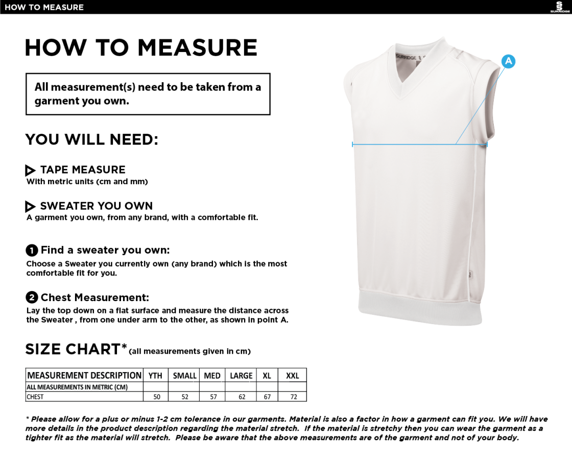 Cramlington CC Sleeveless Sweater - Size Guide