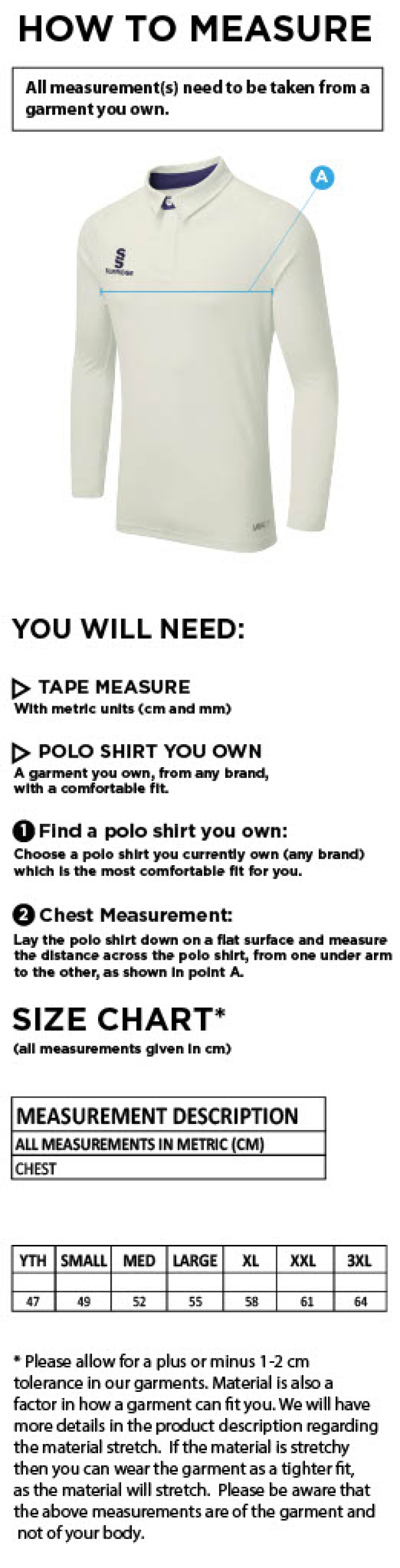 Cramlington CC Long Sleeve Tek Shirt - Size Guide
