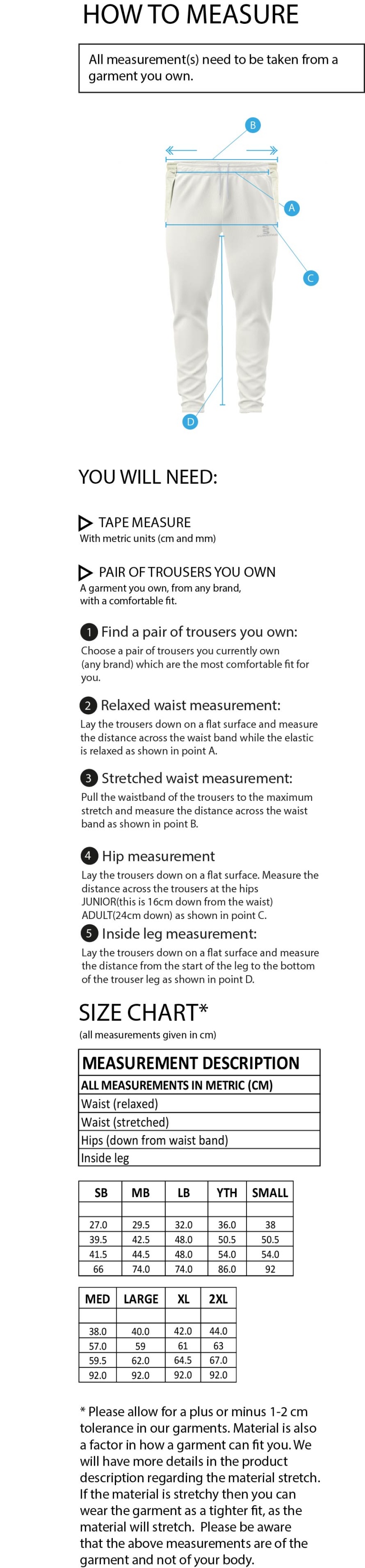 Cramlington CC Tek Playing Trousers - Size Guide