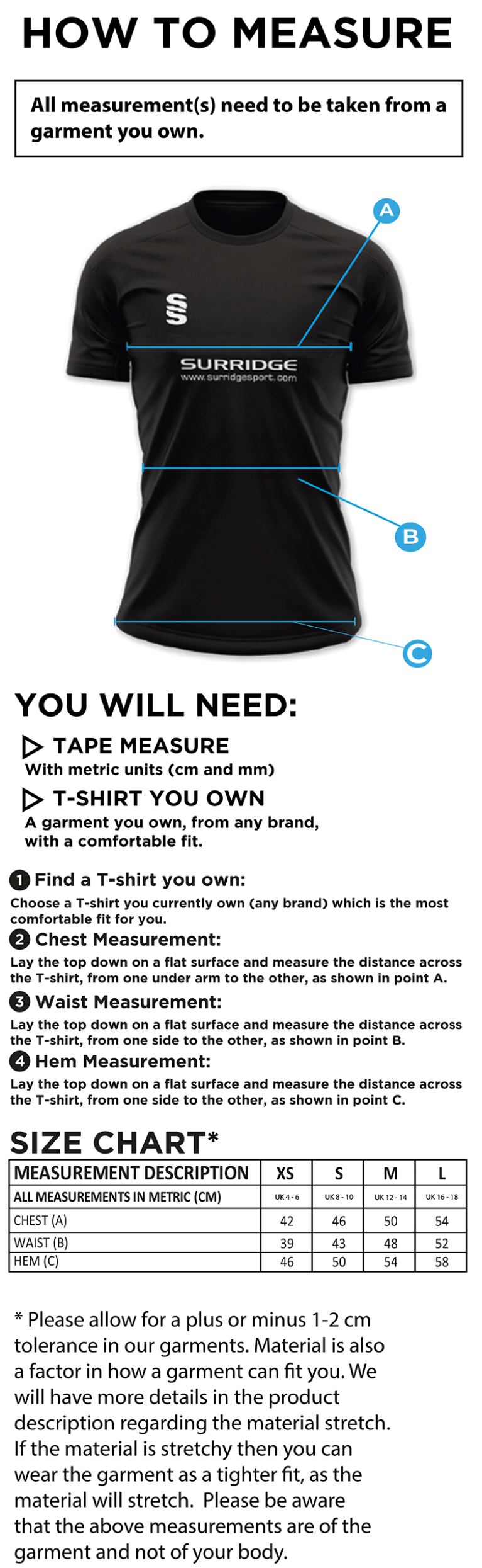 Cramlington CC Women's Dual Games Shirt - Size Guide
