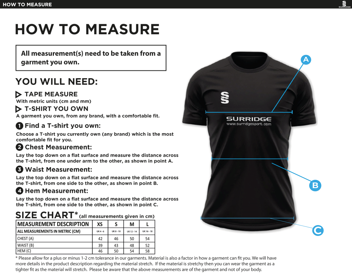 Cramlington CC Women's Dual Games Shirt - Size Guide