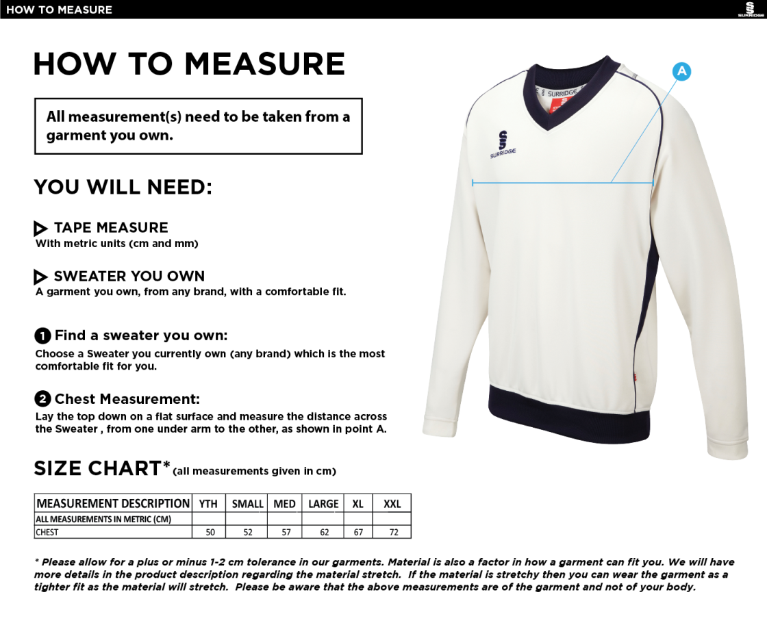 Cramlington CC Long Sleeve Sweater - Size Guide